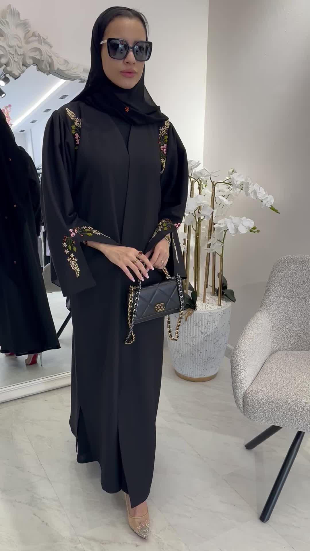 Black Linen Embroidered Abaya Set Promo