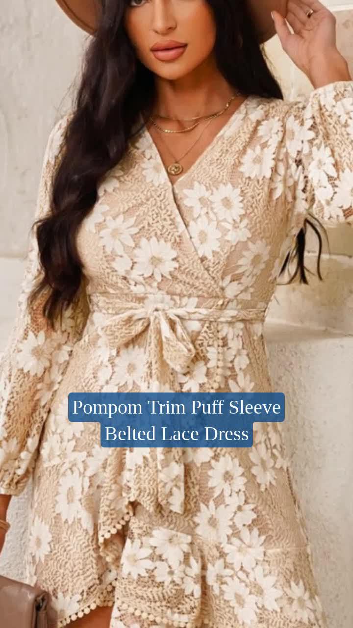 Pompom Trim Lace Dress Fashion Promo