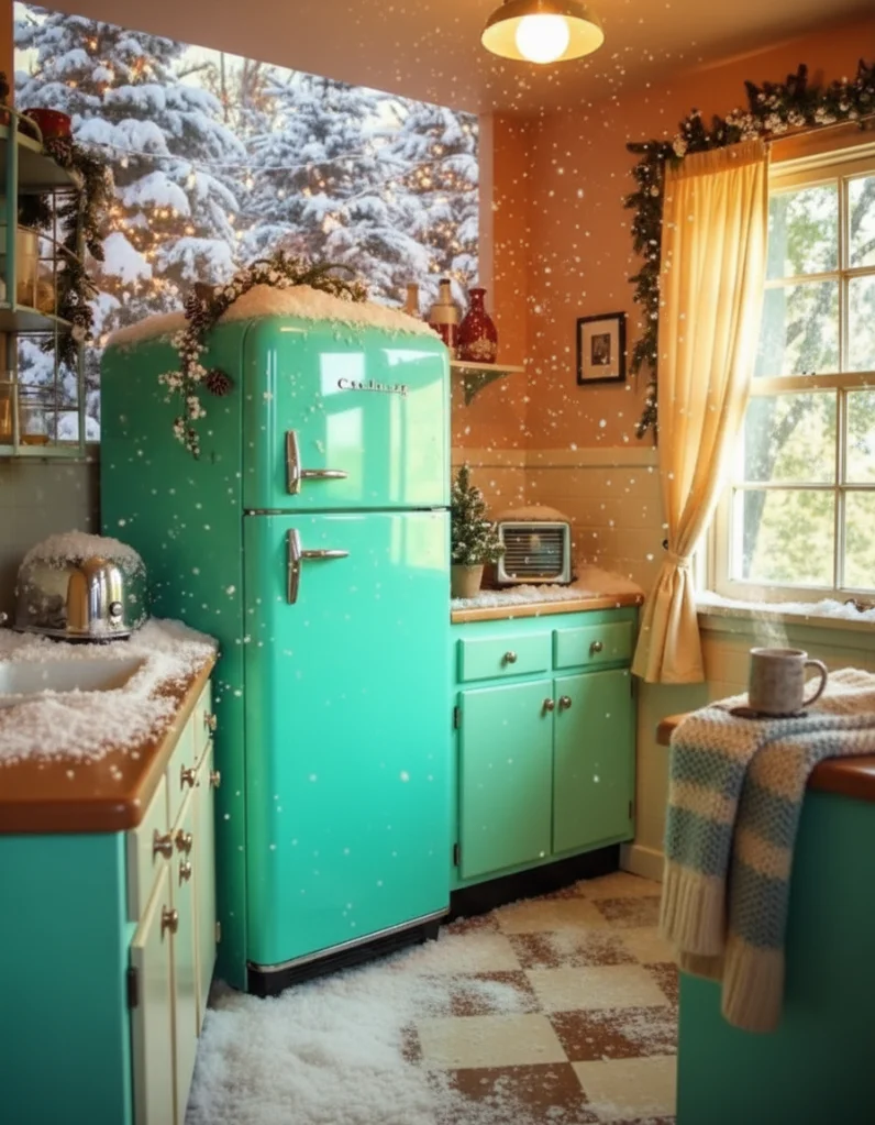 Winter Kitchen Snow Inside Retro Teal Appliances Decor | SellerPic