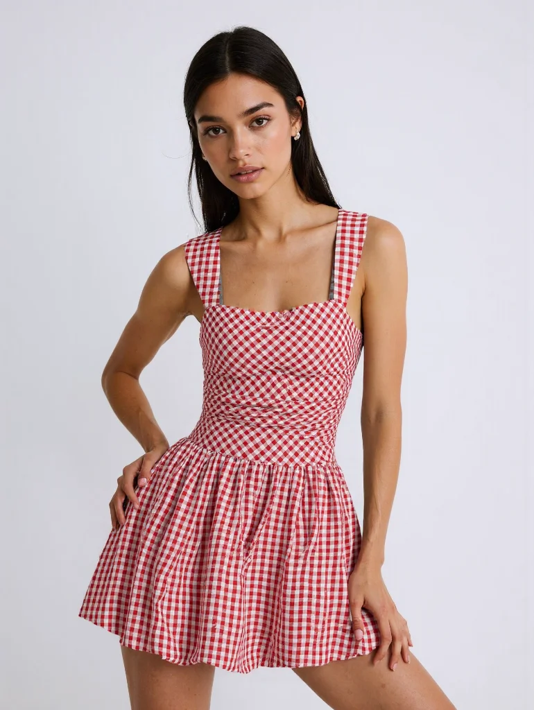 Clothing Woman Red White Gingham Dress Posing Studio SellerPic — free download