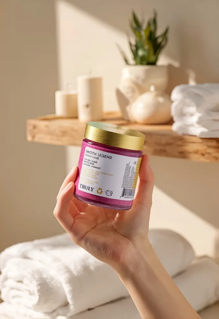 Hand Holding Pink Body Scrub Jar Bathroom Setting | SellerPic