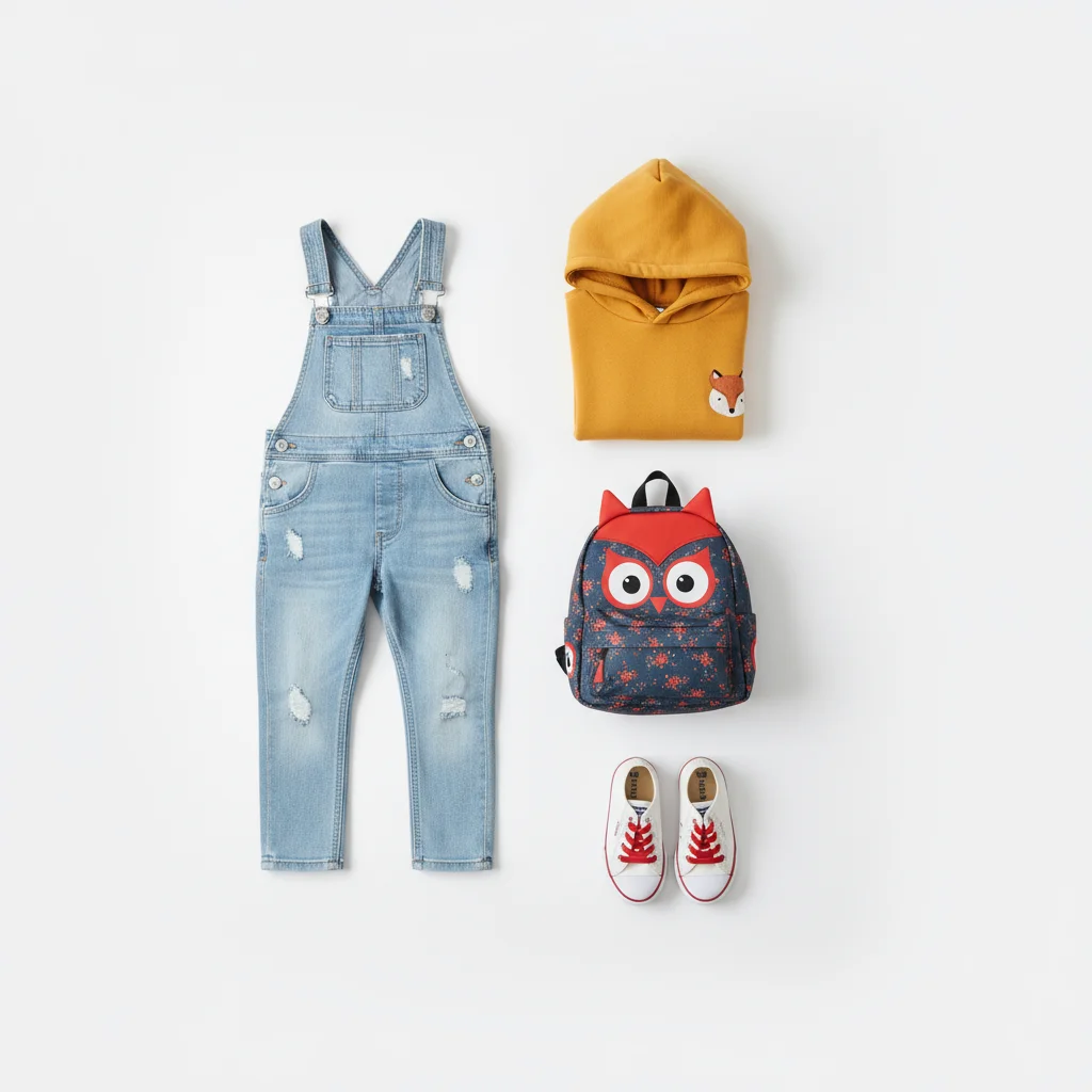 Kids Fashion Outfit Denim Overalls Hoodie Backpack Sneakers | SellerPic