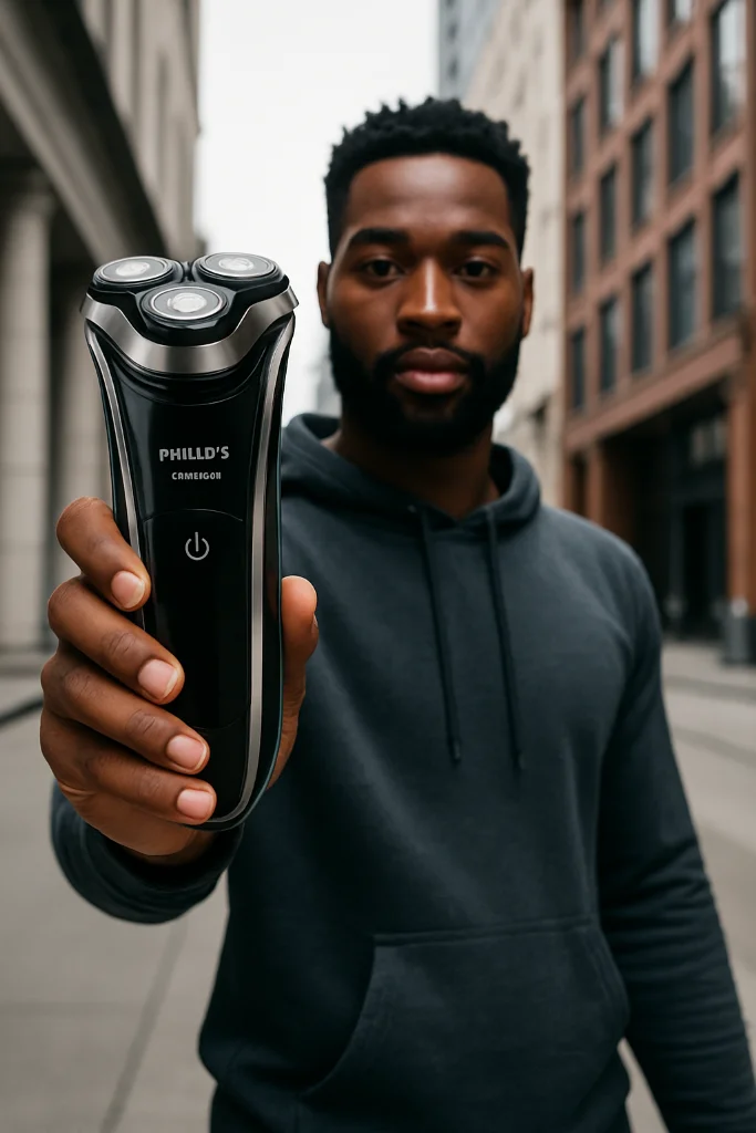 Man Holding Philips Electric Shaver City Background | SellerPic