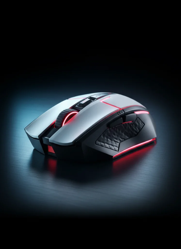 Silver Black Gaming Mouse Red Lights Dark Surface | SellerPic