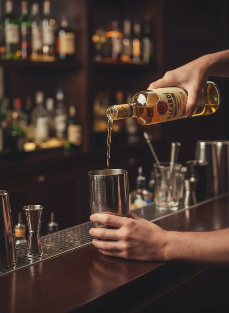 Bartender Pouring Rum Into Cocktail Shaker Bar | SellerPic